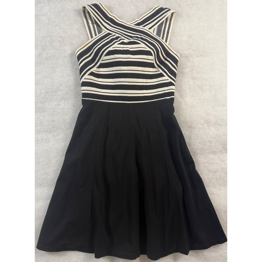 Anthropologie Maeve Stripe Black & White Fit Flare Dress‎ Glam Stretch Coquette
